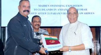 Raksha Mantri Rajnath Singh Flags-In Historic Open Water Swimming Expedition Honoring Param Vir Chakra Awardees